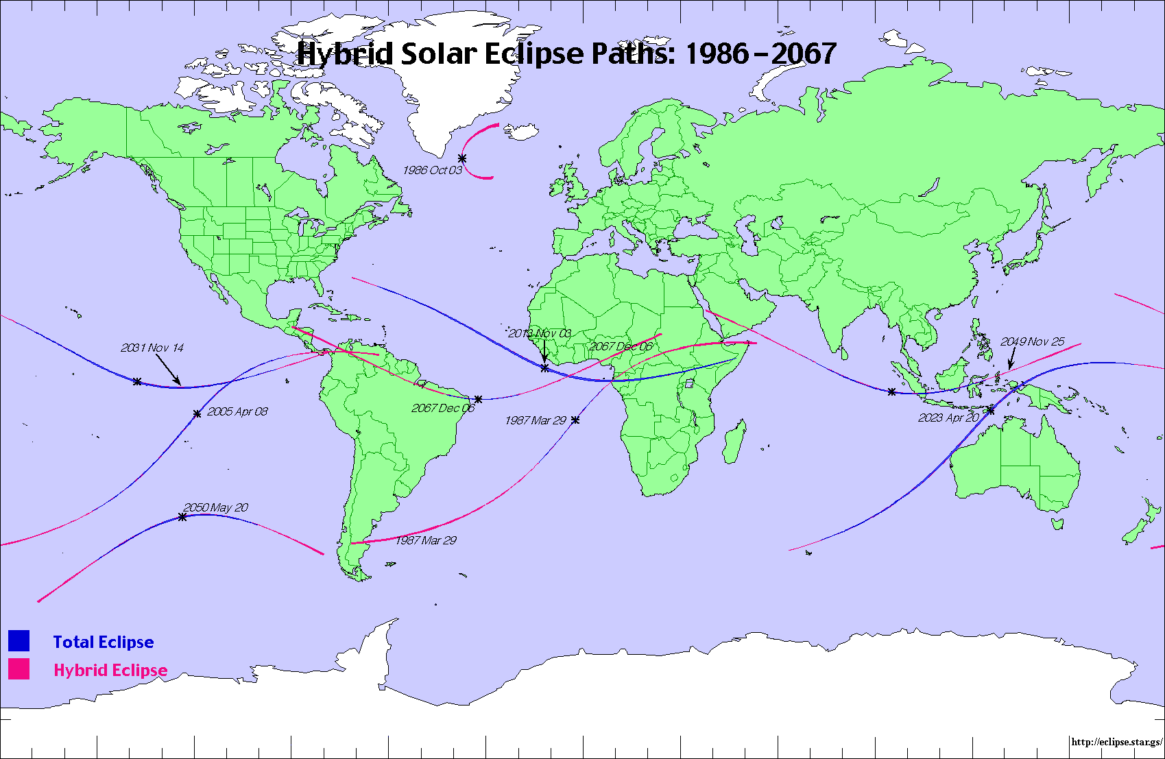 1986-2067までの金環皆既日食帯世界地図