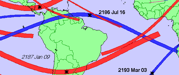 2186年7月16日に最大継続時間が7分29秒続く皆既日食地図