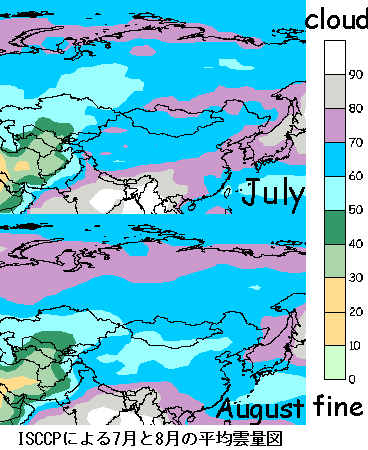 7月と8月の平均雲量図