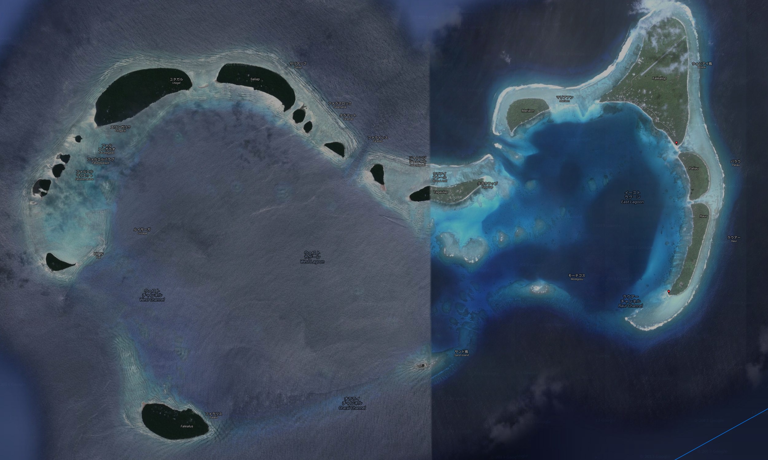 ウォレアイ環礁の衛星写真…青線が皆既中心線