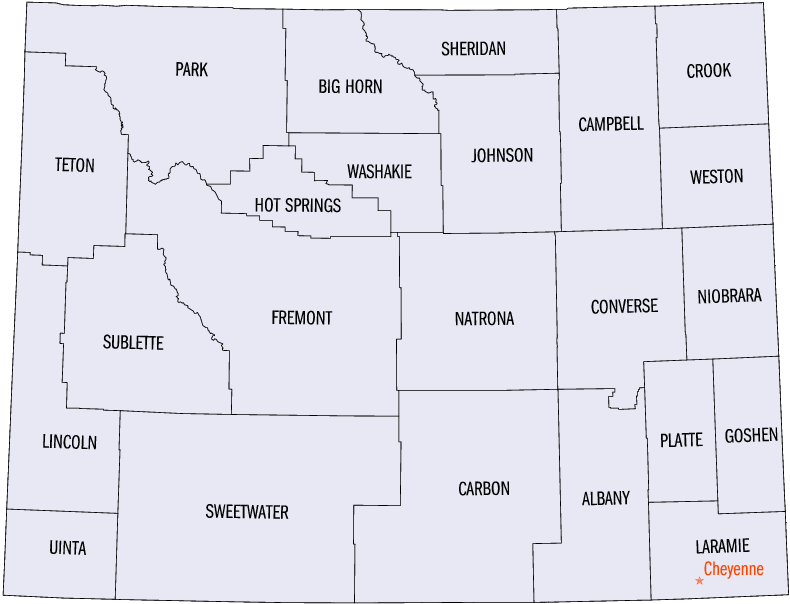 ワイオミング州内郡の配置図