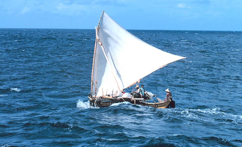 ミクロネシアで使われたアウトリガー付きの帆船、プロア